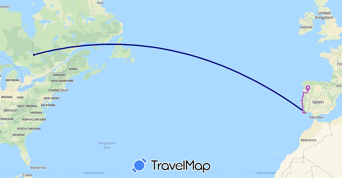 TravelMap itinerary: driving, plane, train in Canada, Portugal (Europe, North America)